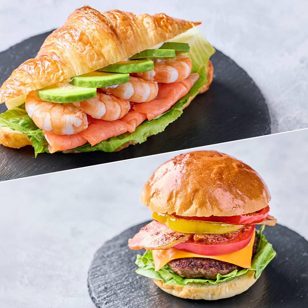 【7月22日 新登場】平日限定スパイシービーフバーガー&シュリンプ・サーモンのクロワッサンサンド イメージ画像